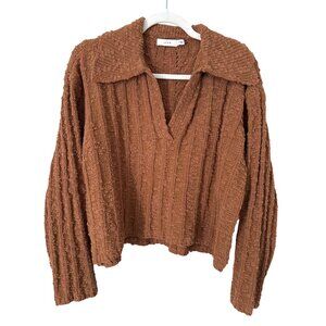 Lush Sweater Size Small Collared V Neck Long Sleeve Textured Maple Coffee Knit